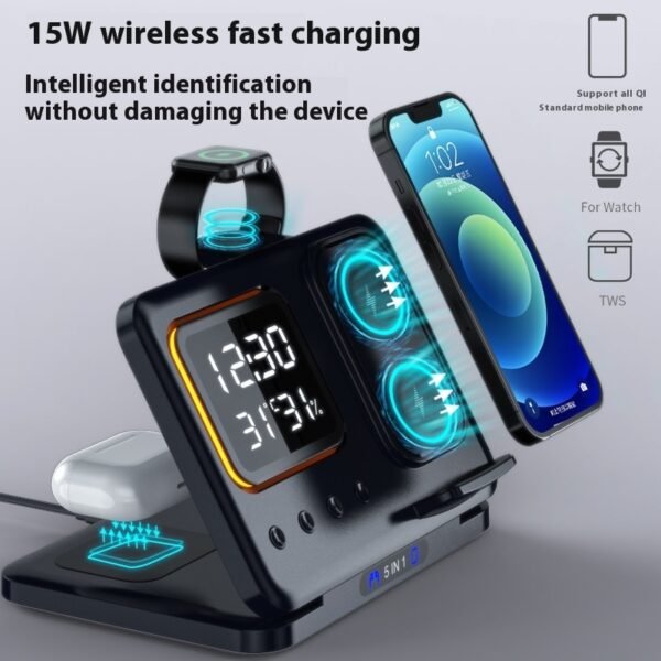 15W Wireless Chargers Stand 5 In1 LED Digital Alarm Clock Fast Charging Dock Station - Image 10